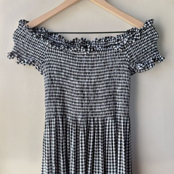 Bardot Gingham Off-The-Shoulder Smocked Midi Dress - Picture 2 of 14